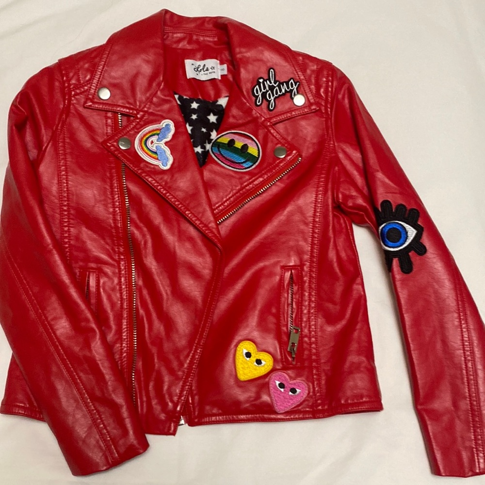Lola and The Boys red vegan biker jacket with patches.  Size 8 - great condition